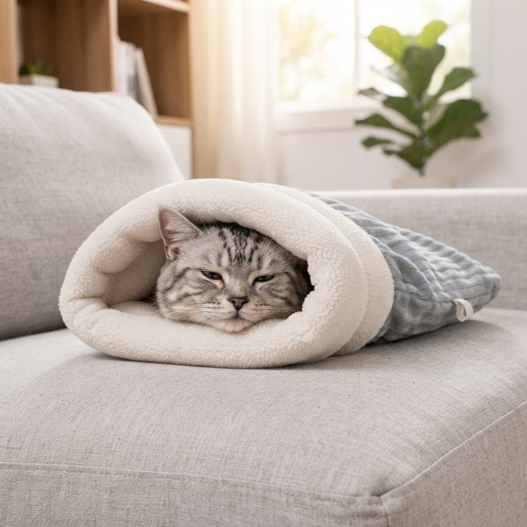 Cat peeking out of PurrLow sleeping bag on sofa