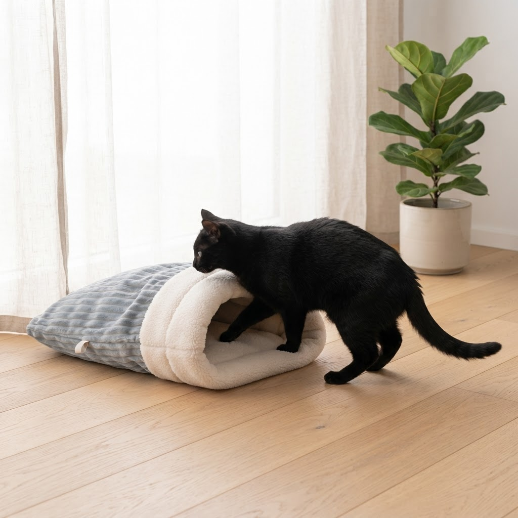 Cat stepping into PurrLow sleeping bag by the window