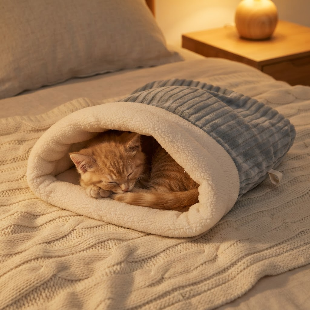 Kitten asleep inside PurrLow sleeping bag