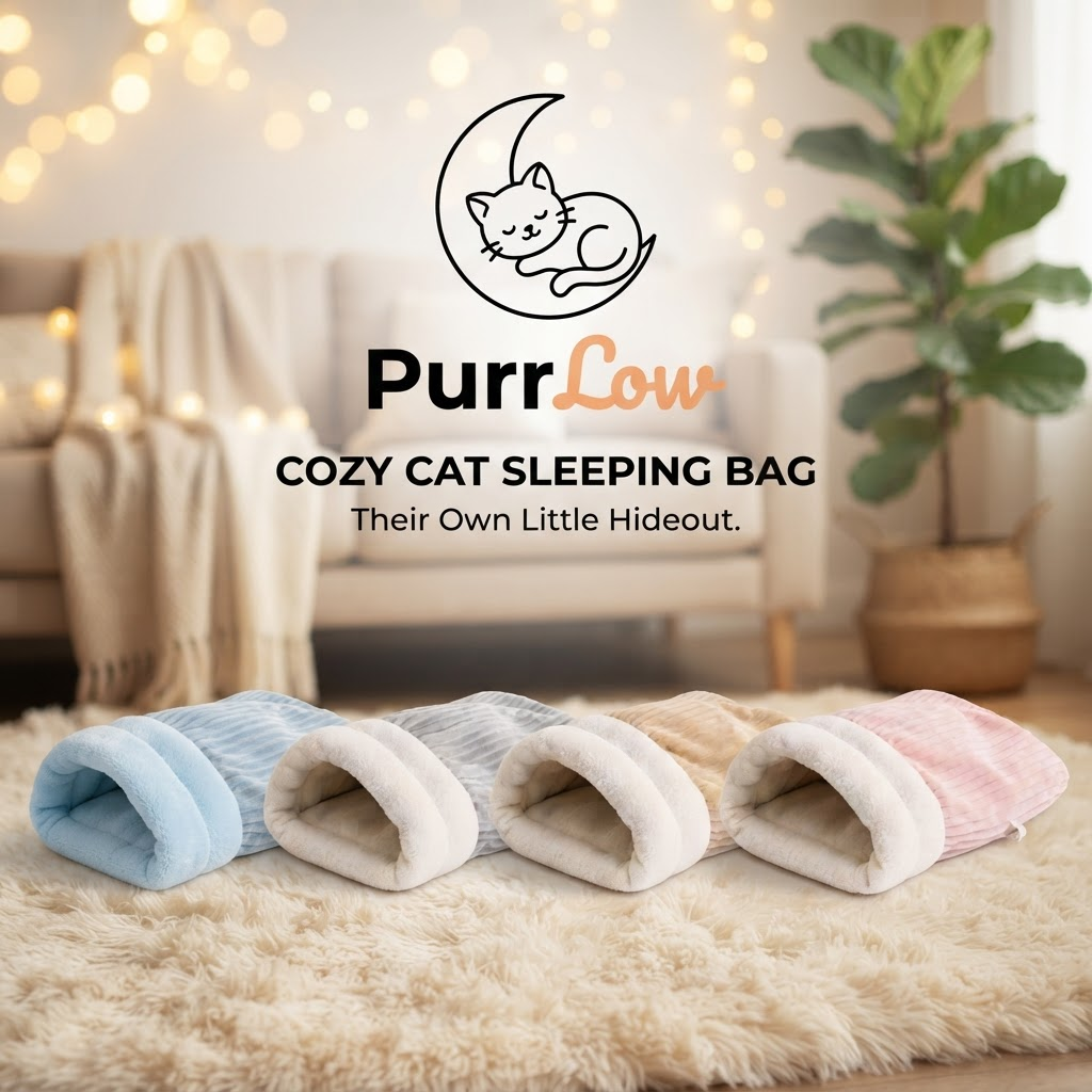 PurrLow Cozy Cat Sleeping Bag in blue, grey, beige and pink