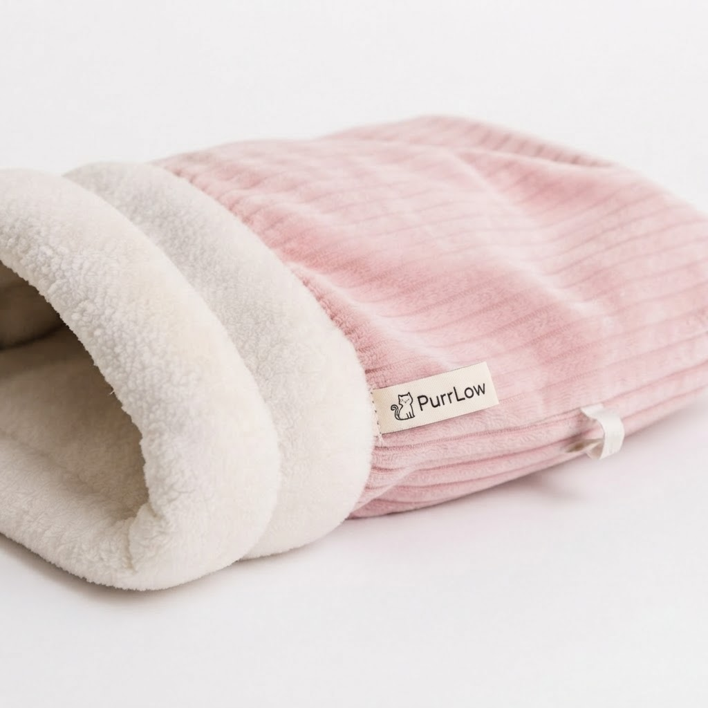 PurrLow label close-up on pink sleeping bag