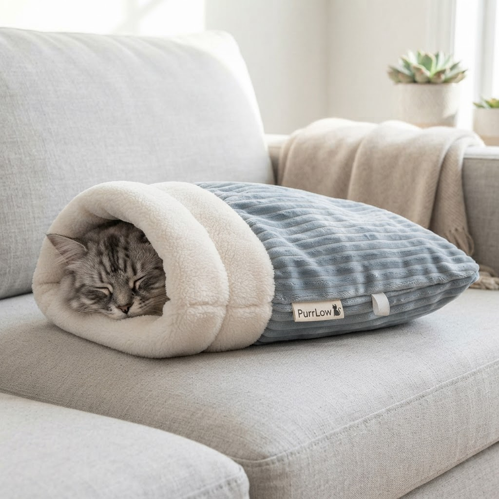 Cat sleeping in PurrLow bag with PurrLow label